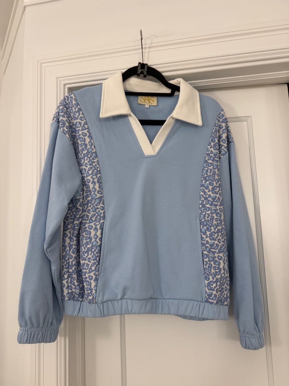 Light Blue Collared Pullover with Leopard Panel